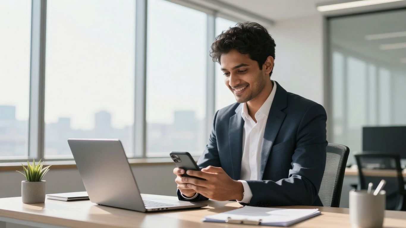 Real estate professional using phone in modern office.