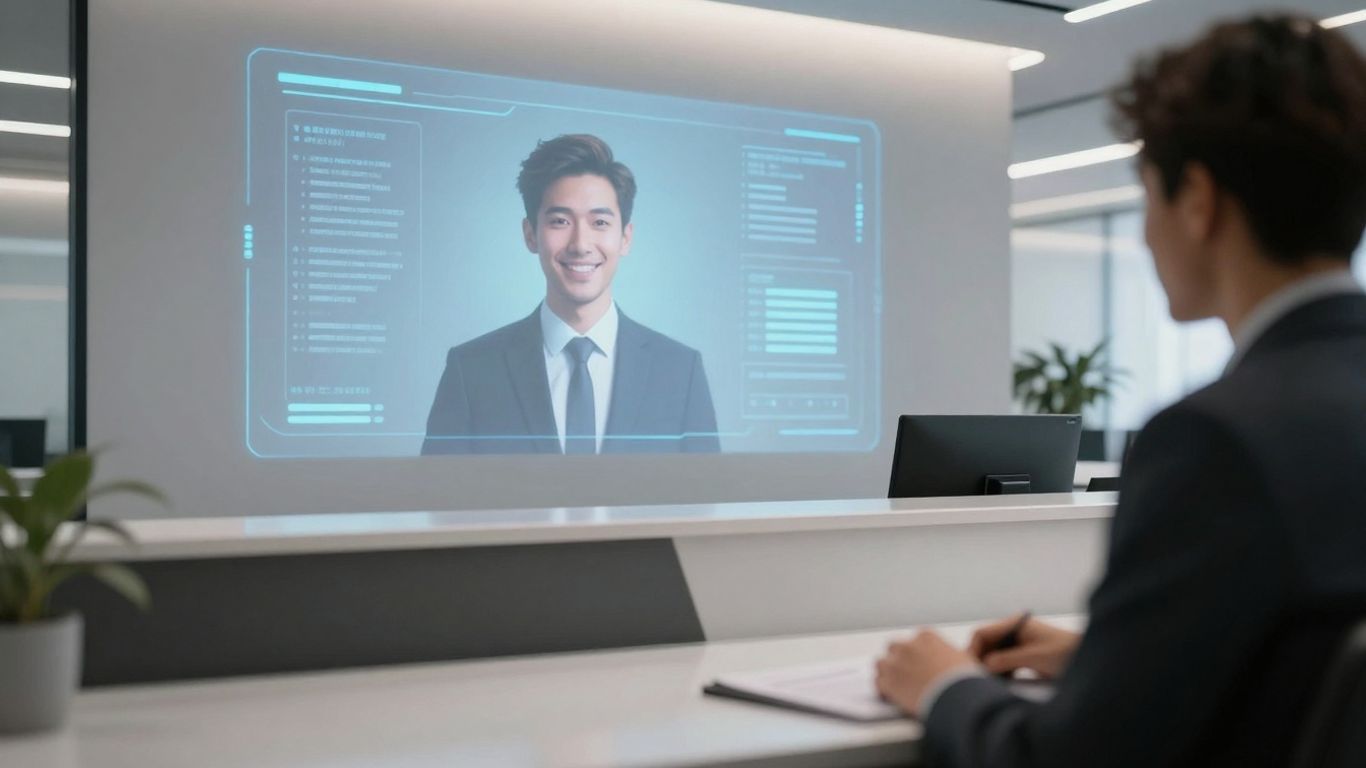 AI receptionist assisting a client in a modern office.