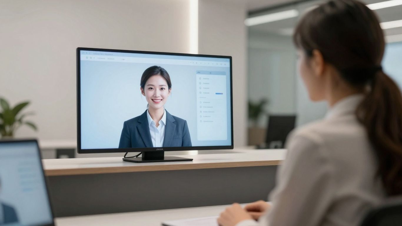 AI receptionist assisting a real estate client at a desk.