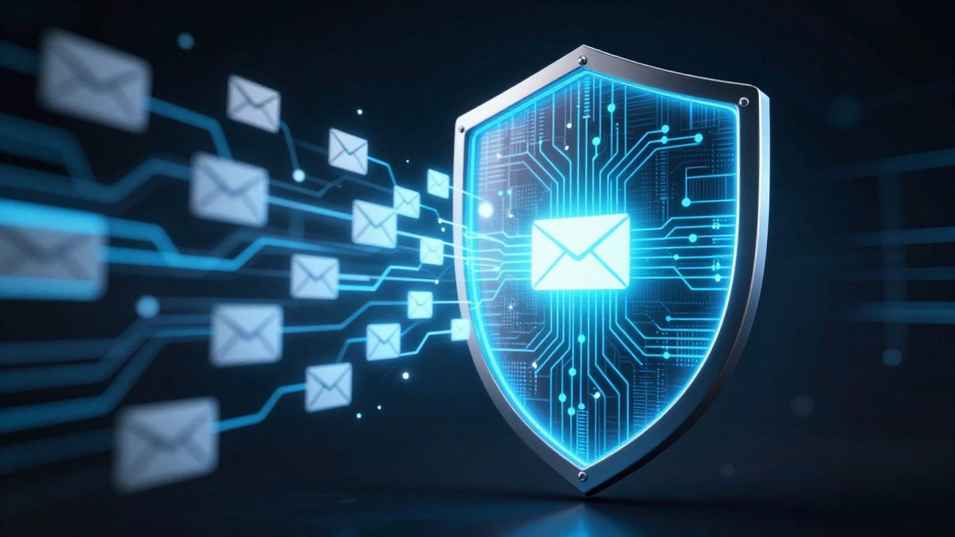 AI shield protecting against spam emails.