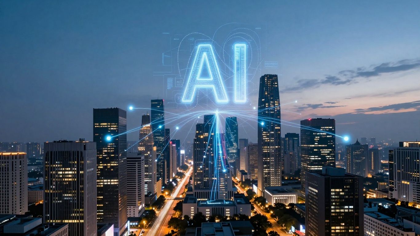 AI data streams connecting cityscape for business growth.