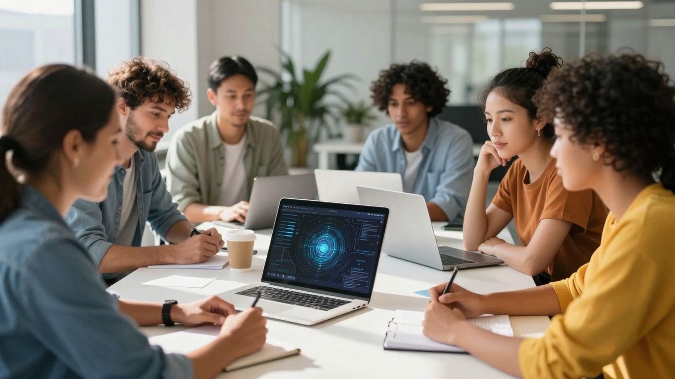 Team collaborating in a modern office with AI visuals.