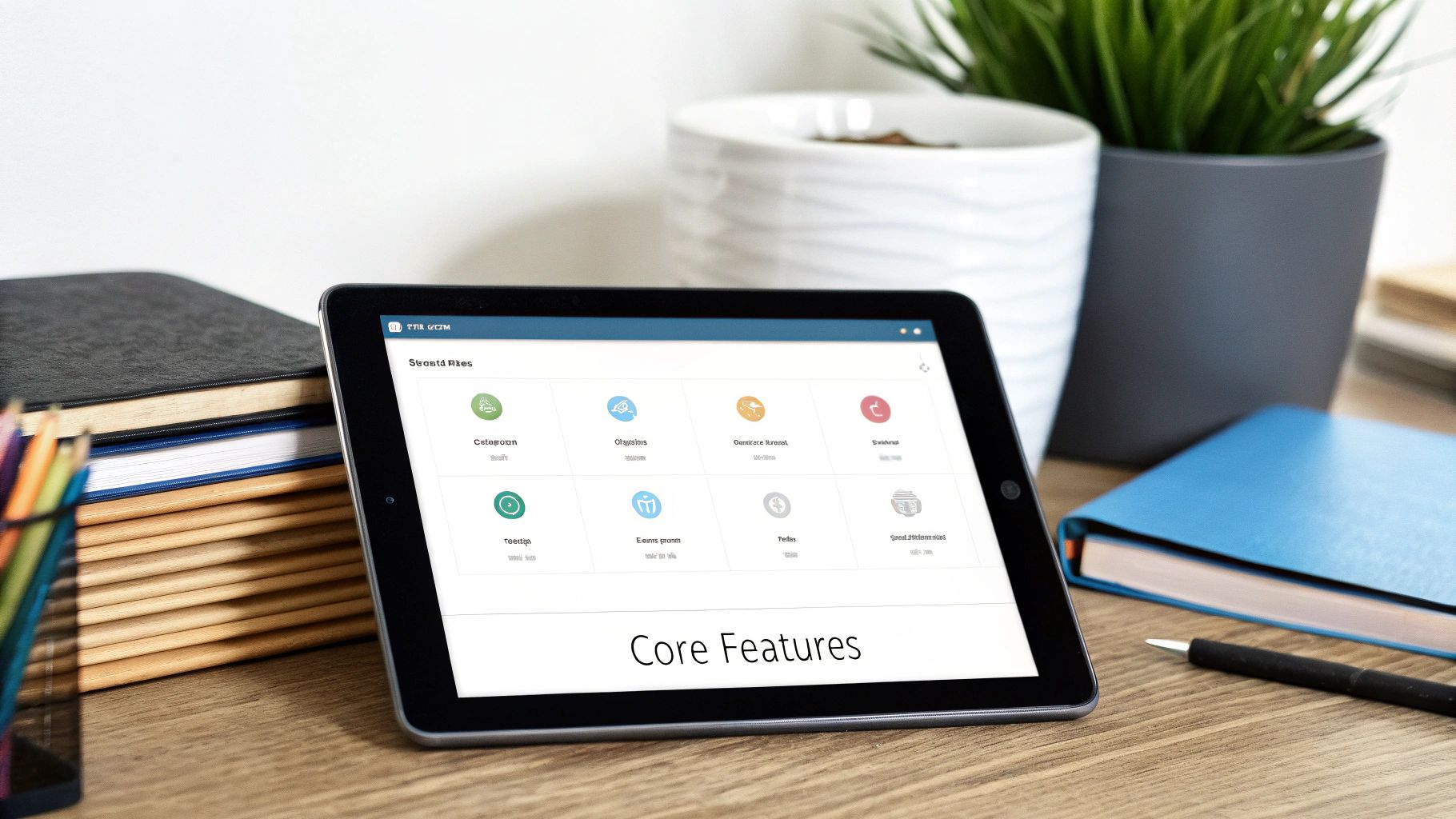 A tablet displaying 'Core Features' on a wooden desk with notebooks and plants.