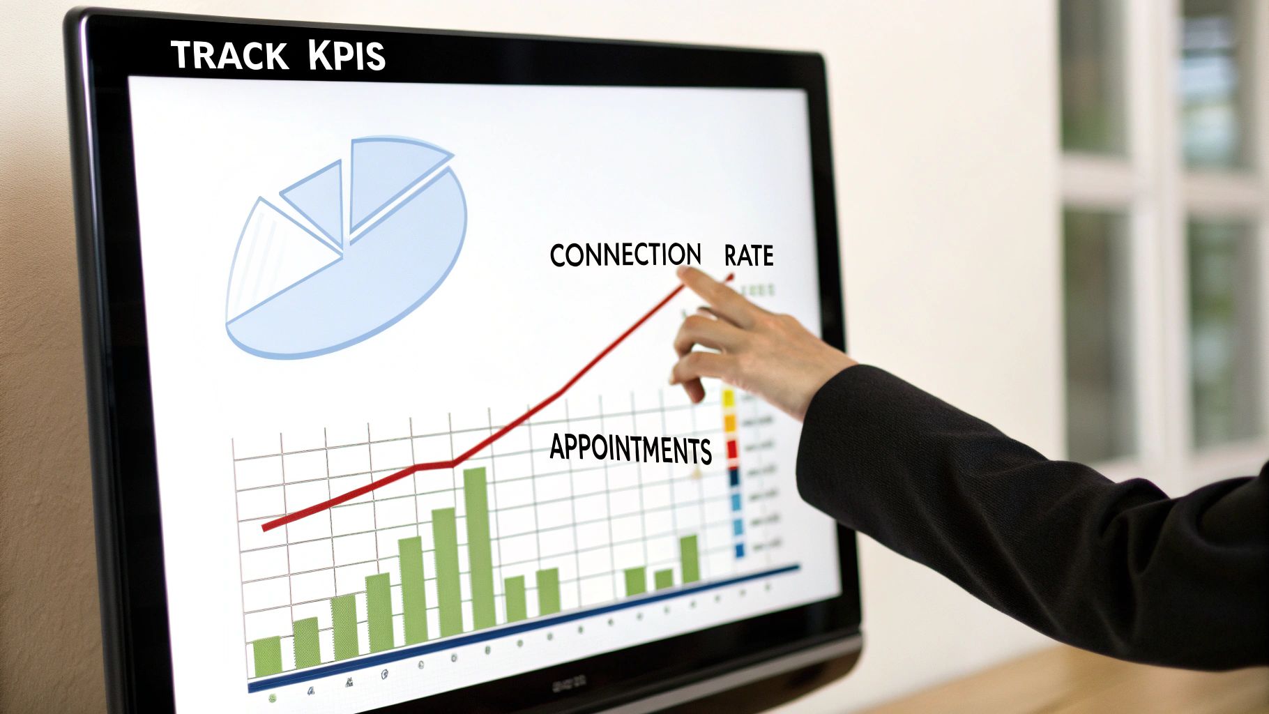 A person's hand points at a monitor displaying business analytics, KPI tracking, connection rate, and appointments.