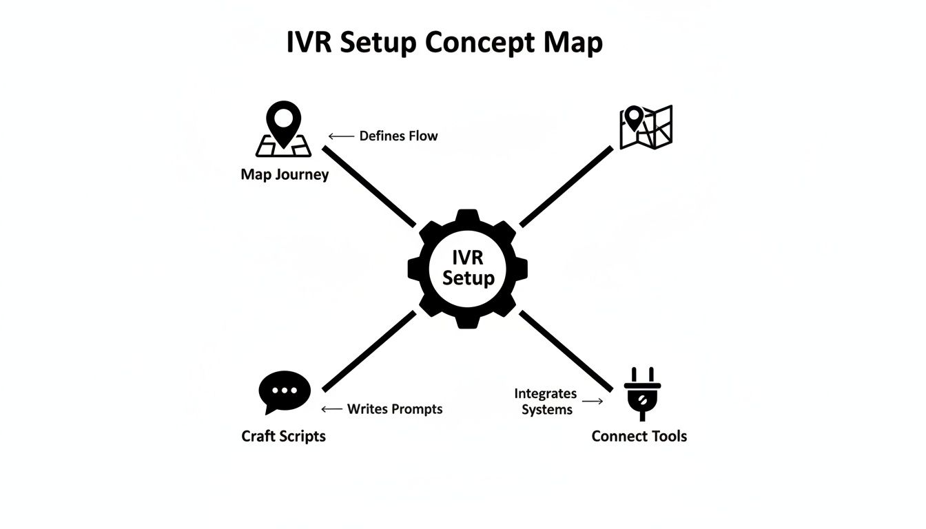 A concept map showing IVR setup steps: map journey, craft scripts, and connect tools.