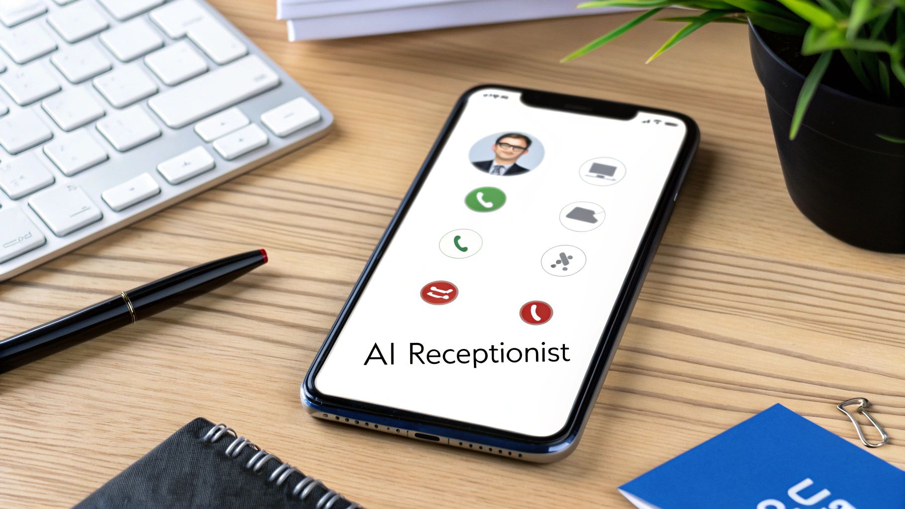 Smartphone displaying an 'AI Receptionist' call screen on a wooden desk with a keyboard and pen.