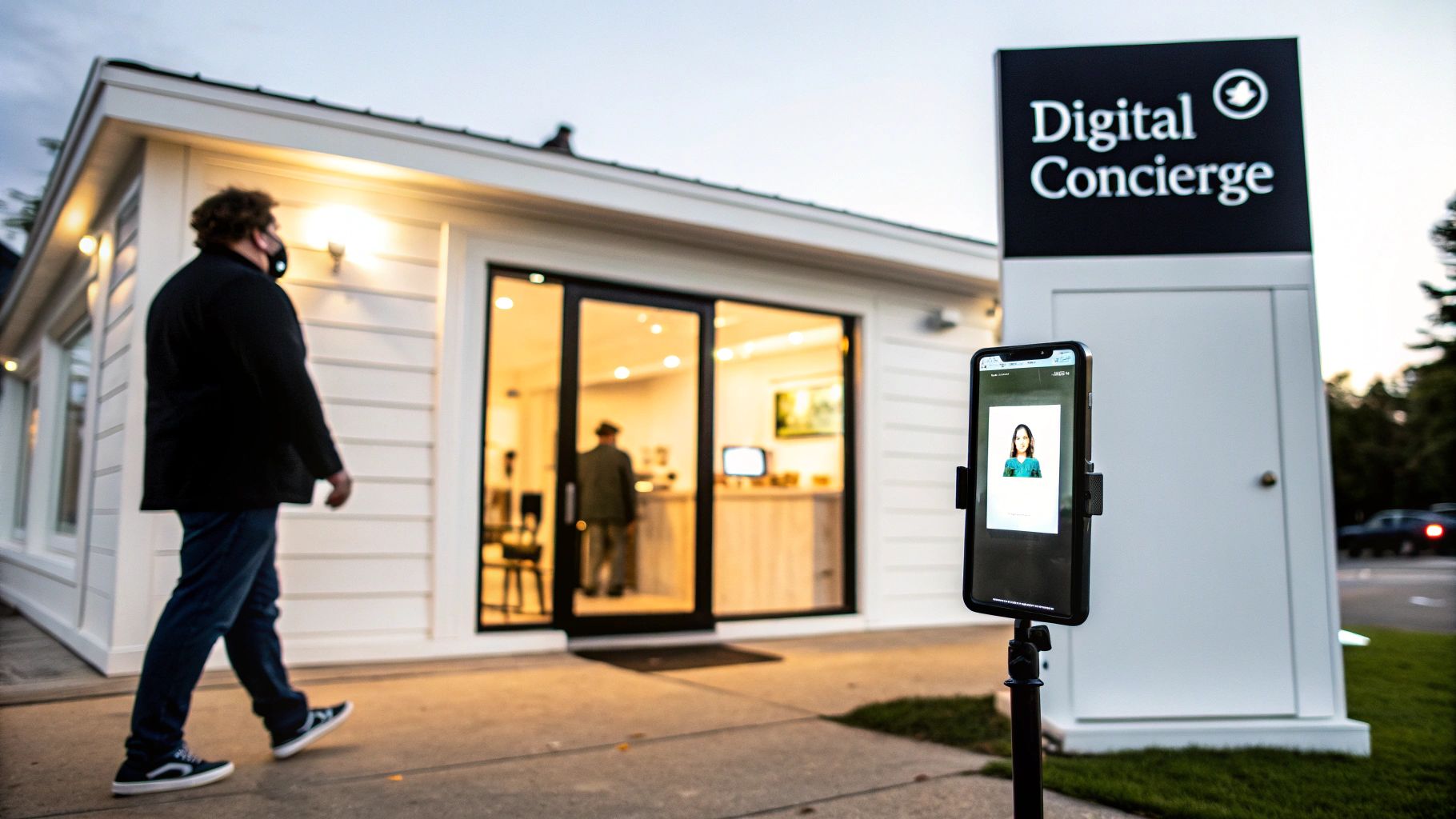 A man walks past a modern building with a 'Digital Concierge' sign and a smartphone display.