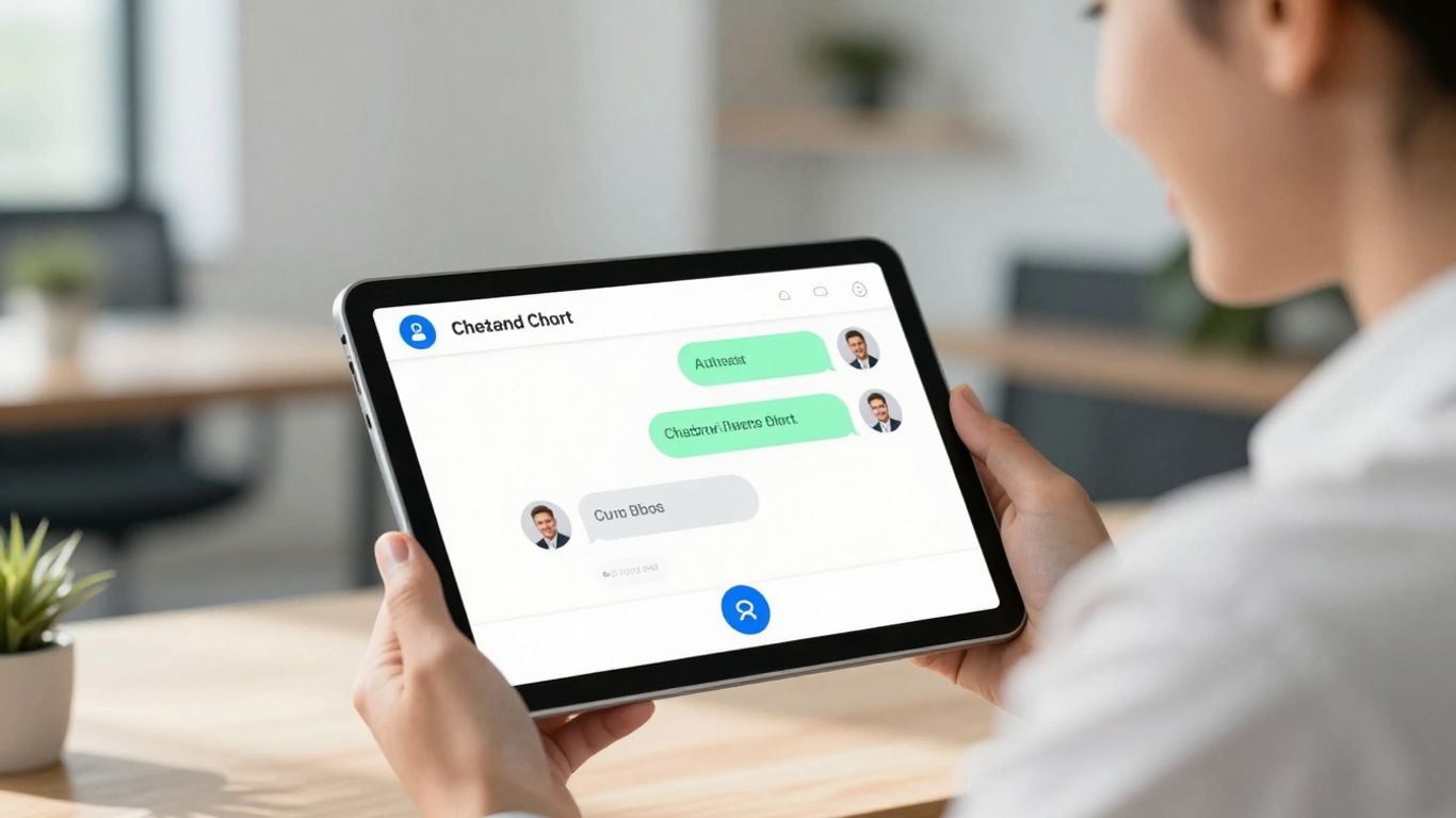Real estate agent using a chatbot on a tablet.