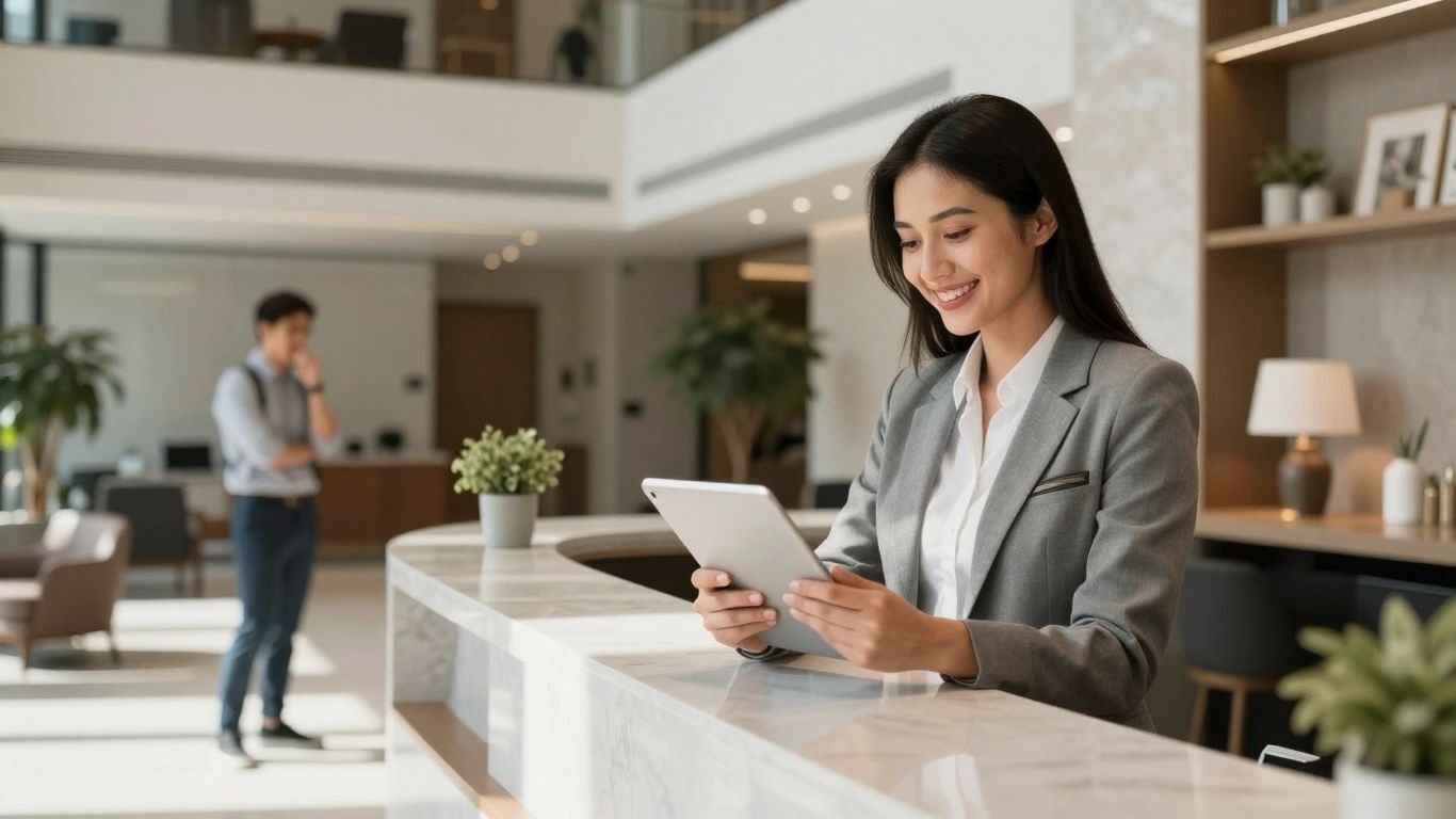 Apartment building lobby with a virtual receptionist.