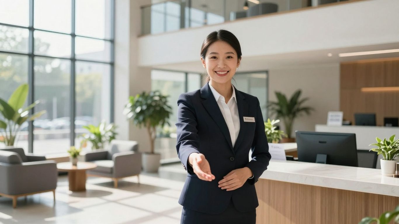 Apartment building lobby with a friendly receptionist.