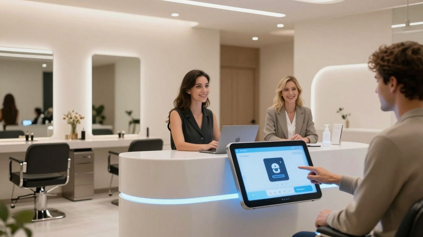 AI receptionist interface in a modern salon.