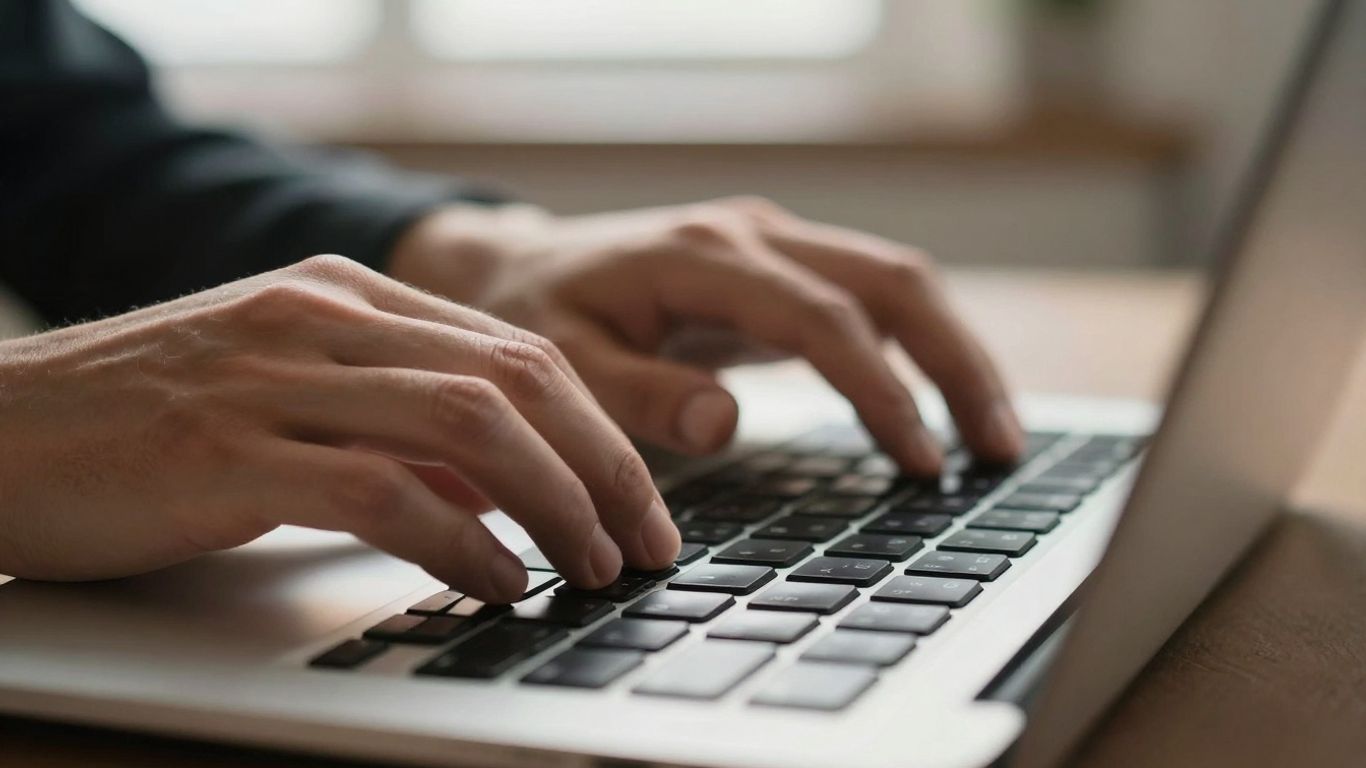 Hands typing on a laptop keyboard.