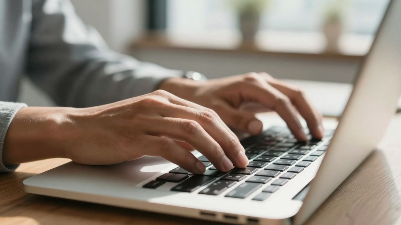Person typing on a laptop keyboard.