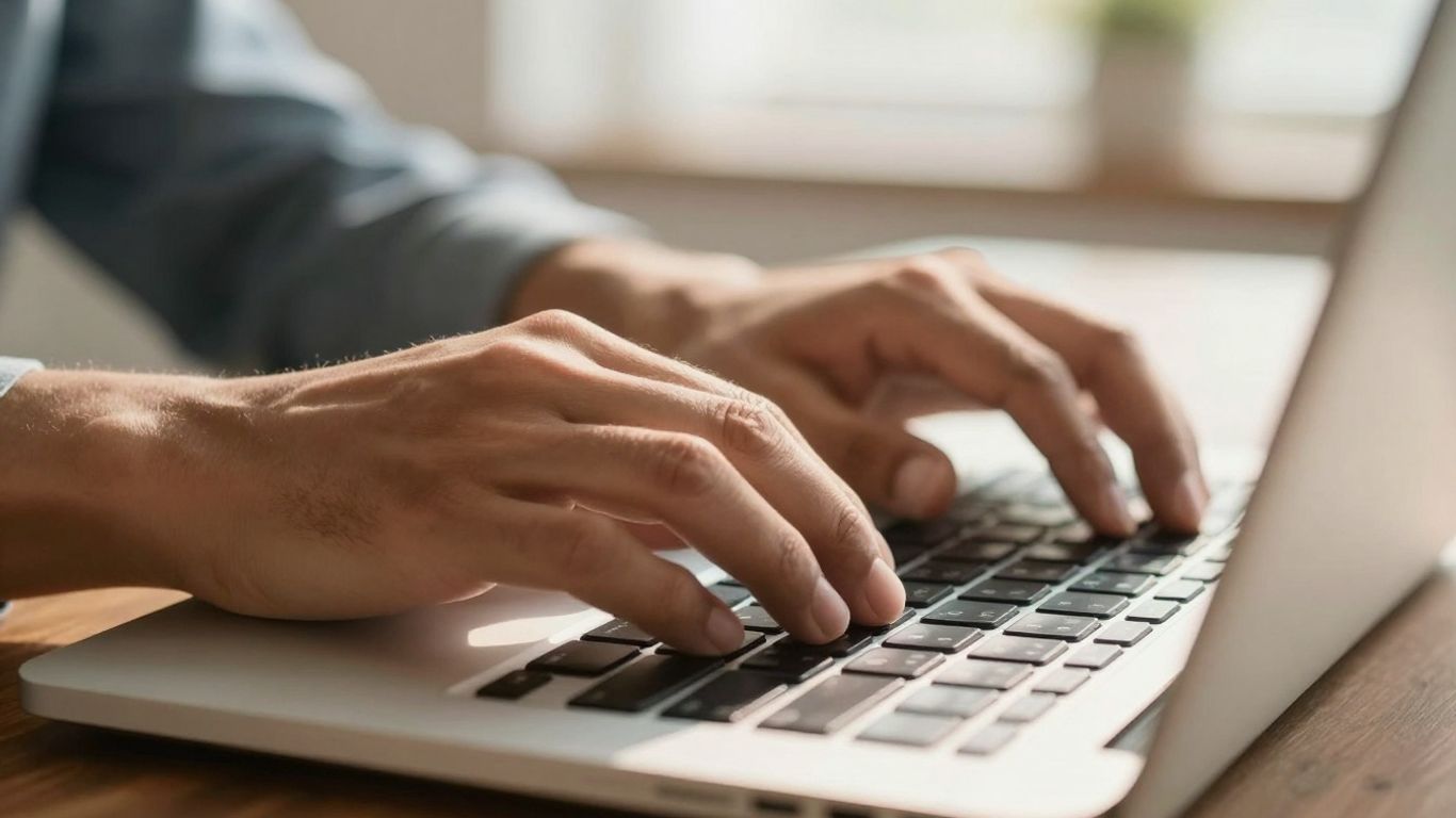Hands typing on a laptop keyboard.