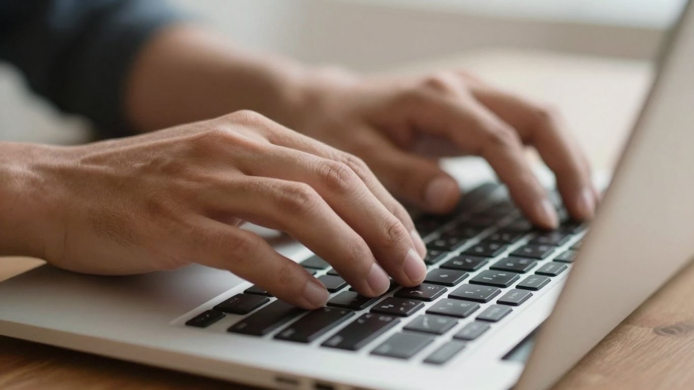 Hands typing on a laptop keyboard, focused on content creation.