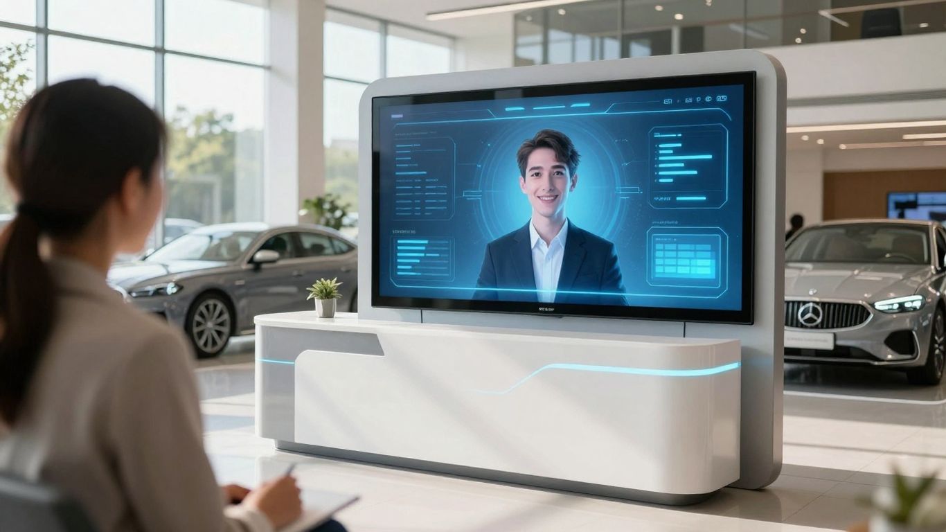 AI receptionist interacting with customer in car dealership.