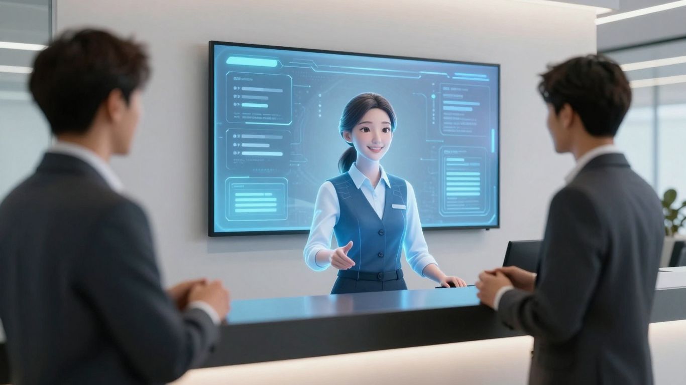 AI receptionist interacting with a business professional in an office.