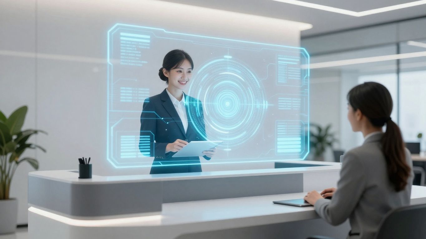 AI receptionist interface in a modern office.
