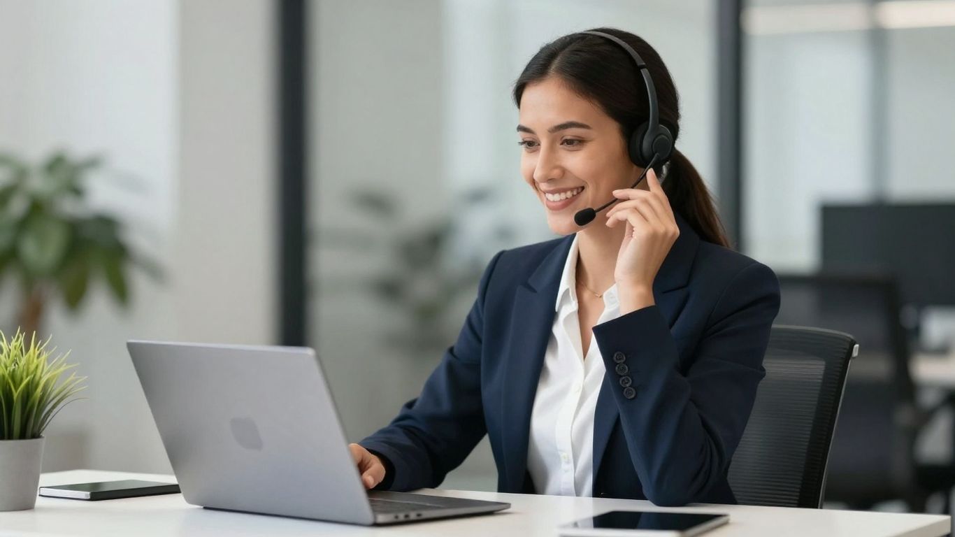 Virtual assistant answering calls with a headset.