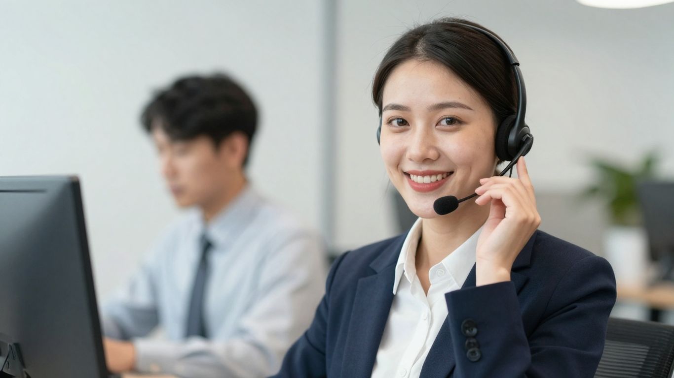 Virtual assistant with headset, smiling in an office.