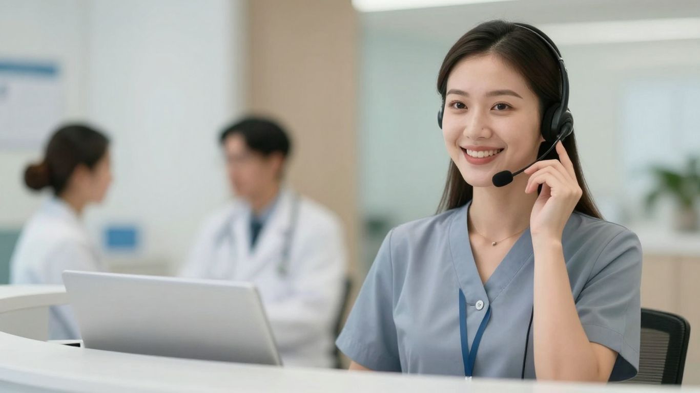 Clinic receptionist with headset assisting patients.
