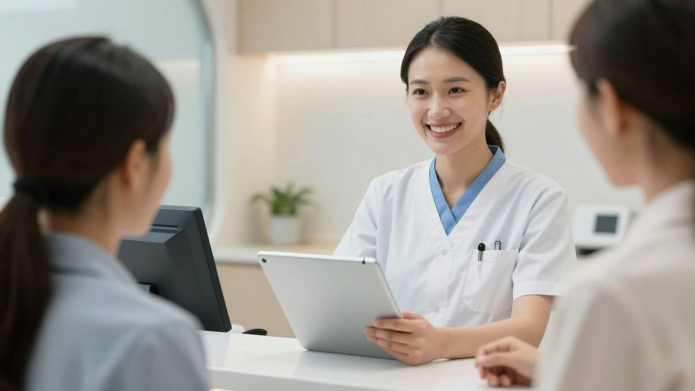 Clinic receptionist assisting patient on tablet screen.