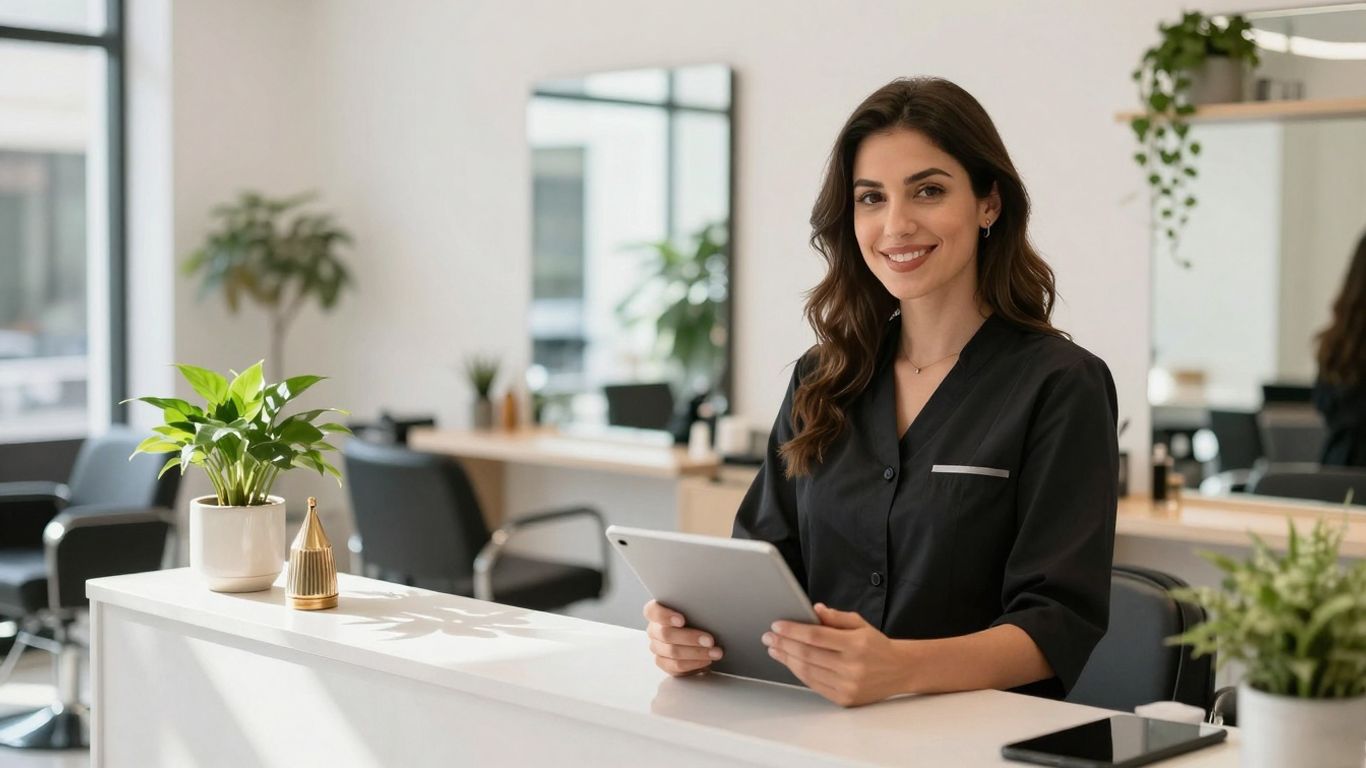 Salon assistant helping with bookings on a tablet.