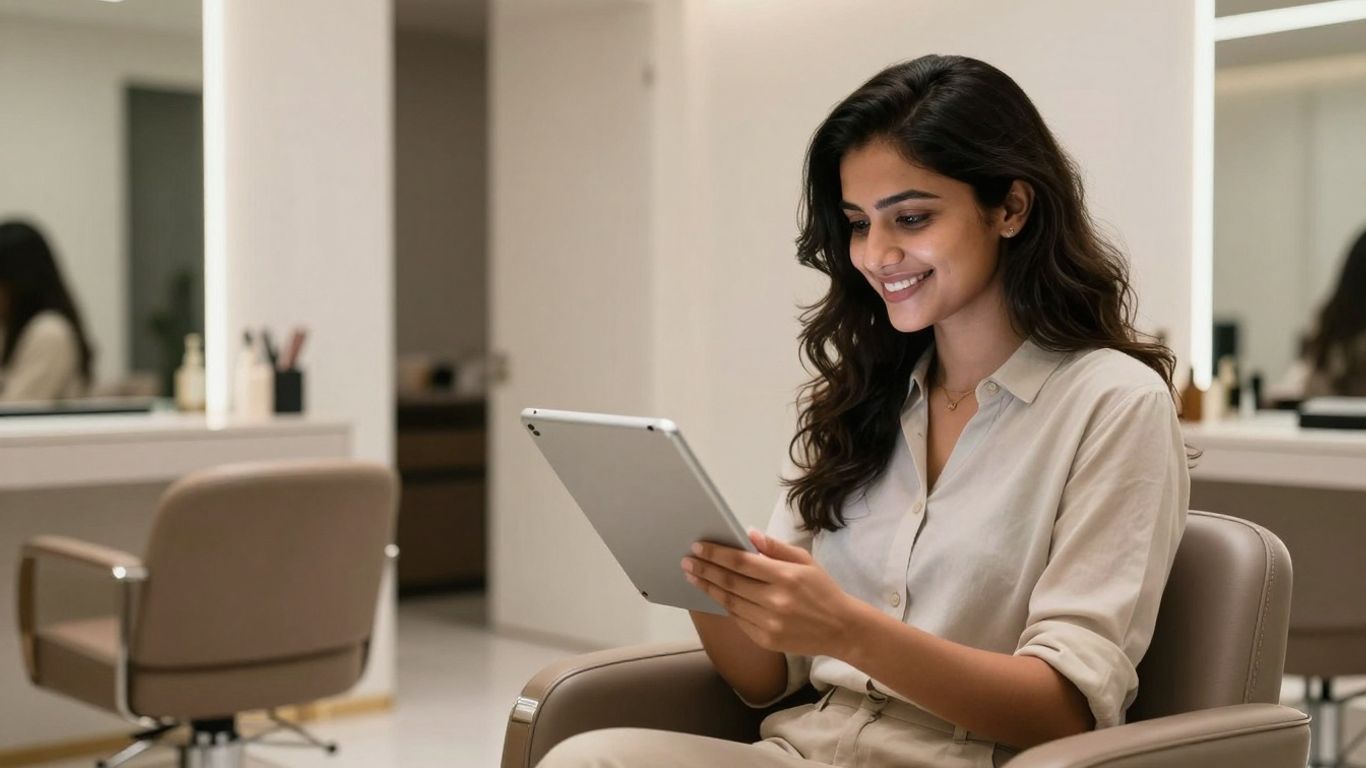Salon owner using AI virtual assistant on tablet.
