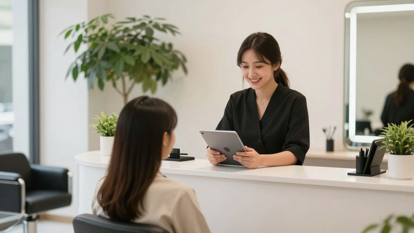 Salon receptionist assisting client with tablet.