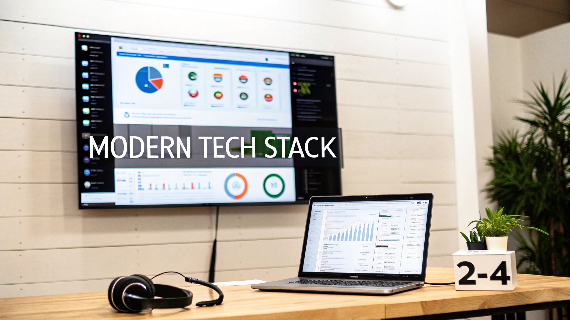A modern office setup with a large display showing data, a laptop, headphones, and plants on a wooden desk.