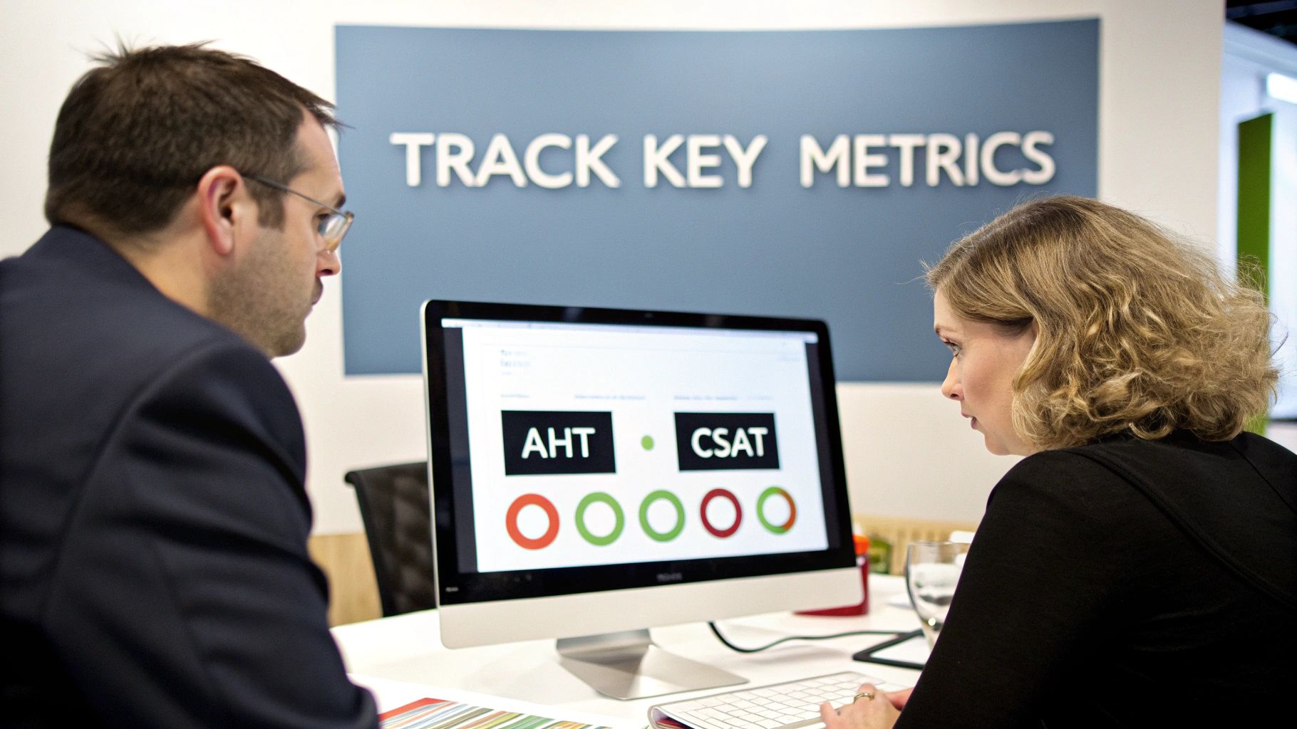 Two colleagues analyzing call center metrics AHT and CSAT on a computer screen in an office.