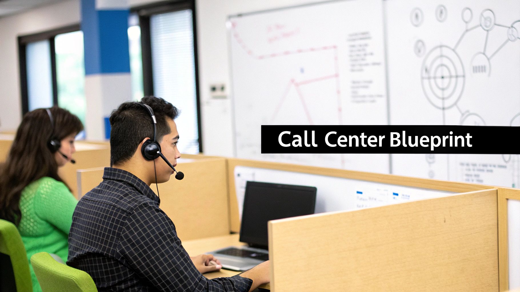 Two call center agents wearing headsets and working at their desks with a 'Call Center Blueprint' banner.