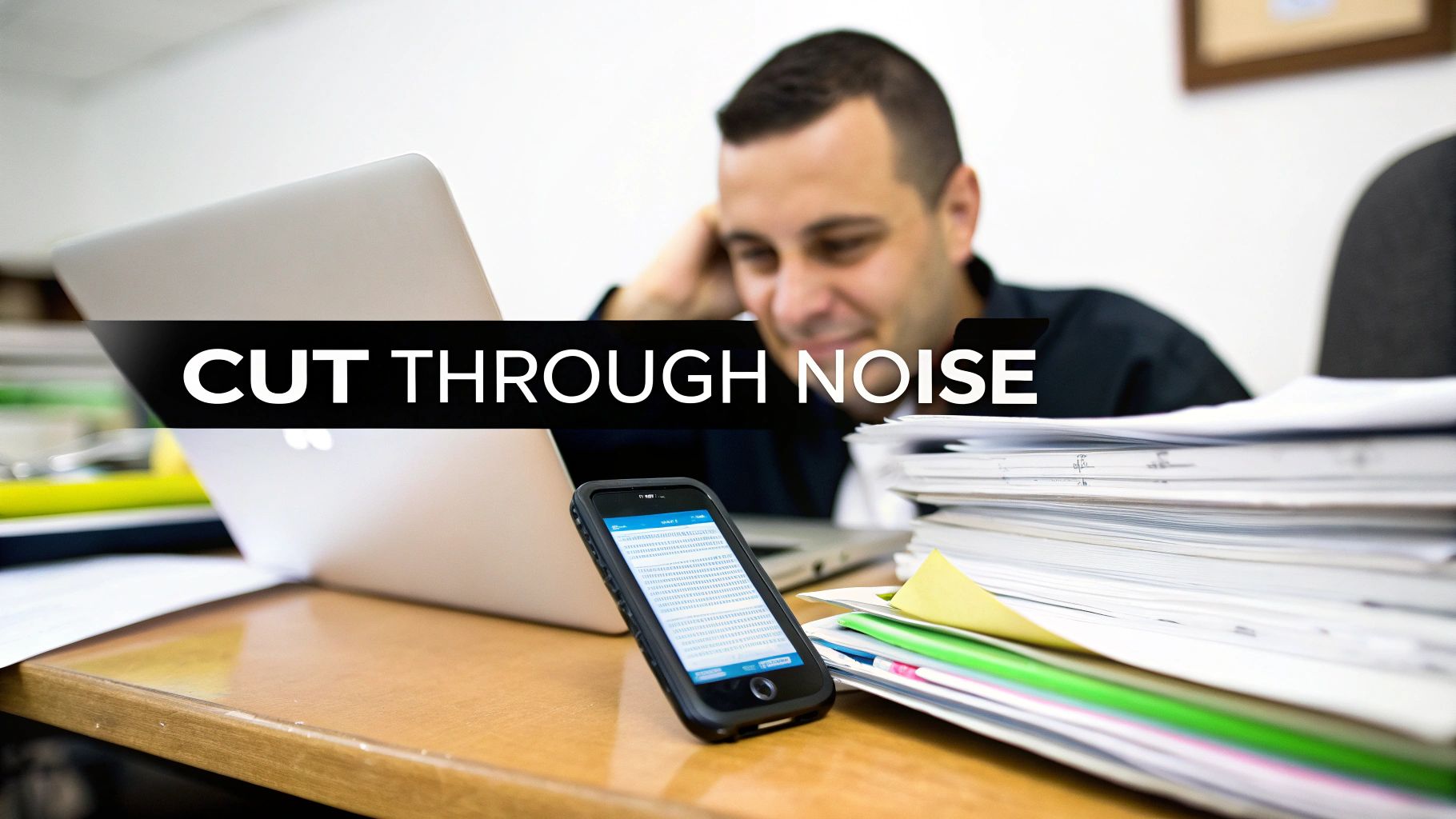 A man works at a desk with a laptop, smartphone displaying text, and stack of documents.