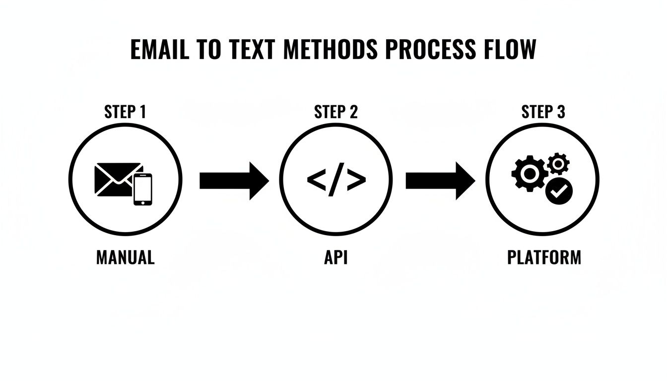 A flowchart illustrates three methods for converting email to text: Manual, API, and Platform.