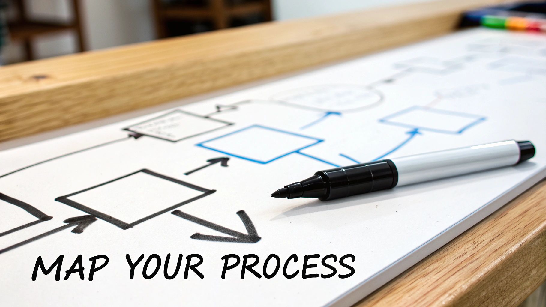 Whiteboard showing a flowchart diagram with black and blue elements, a marker, and text 'MAP YOUR PROCESS'.