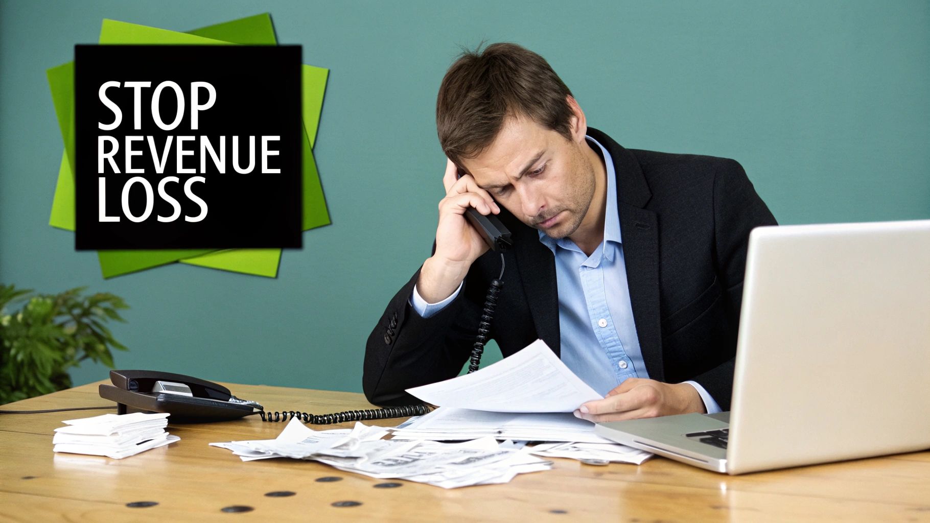Stressed businessman on a phone call, reviewing papers at a cluttered desk with a "STOP REVENUE LOSS" sign.