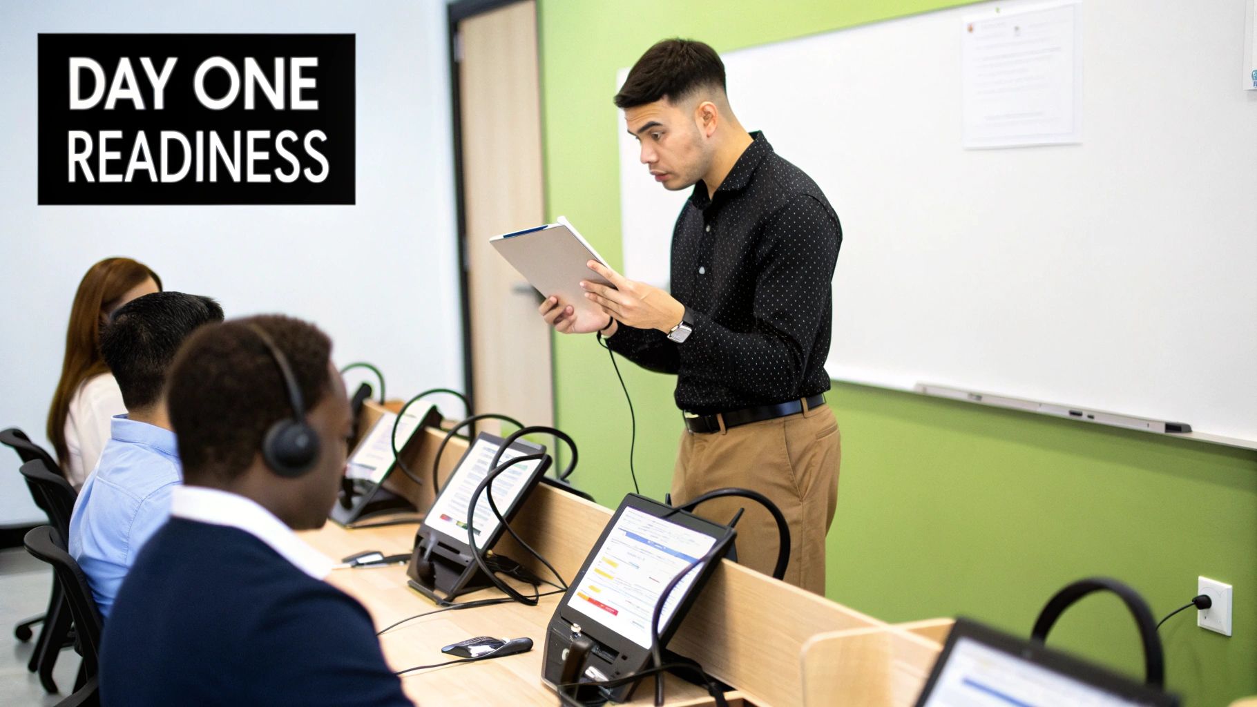 Instructor guides diverse students using tablets and headphones during a "Day One Readiness" training session.