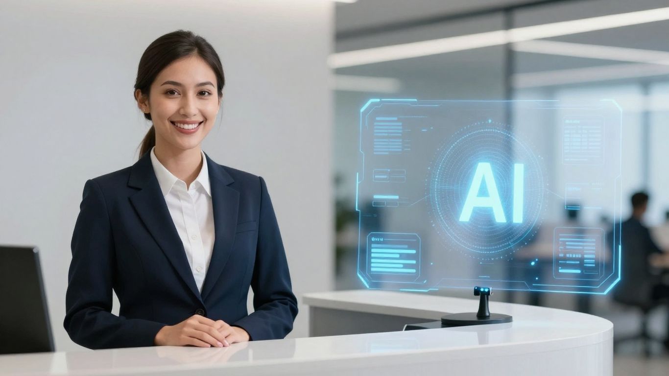 AI and human receptionists side-by-side in an office.