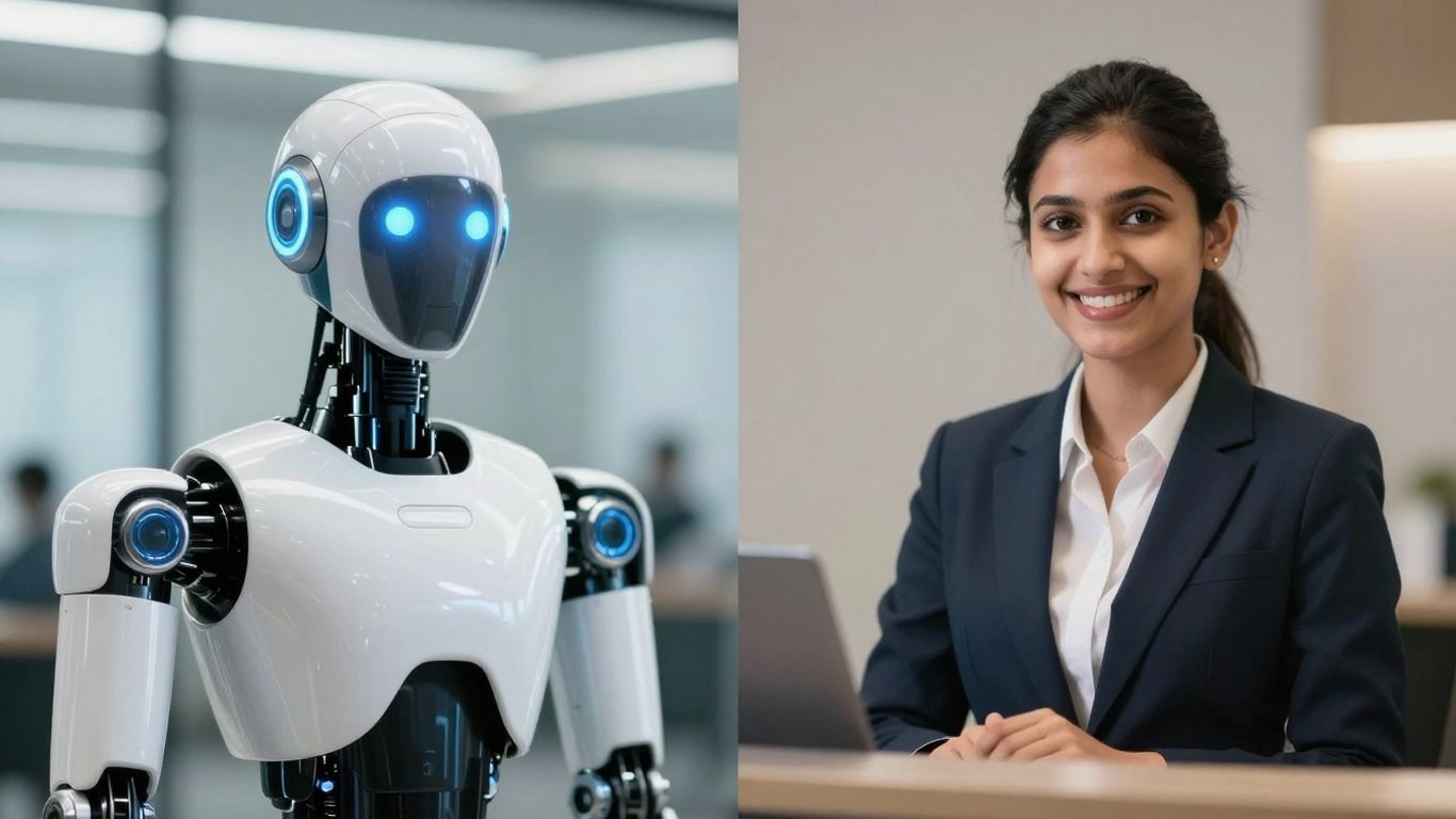 AI robot and human receptionist side-by-side comparison.