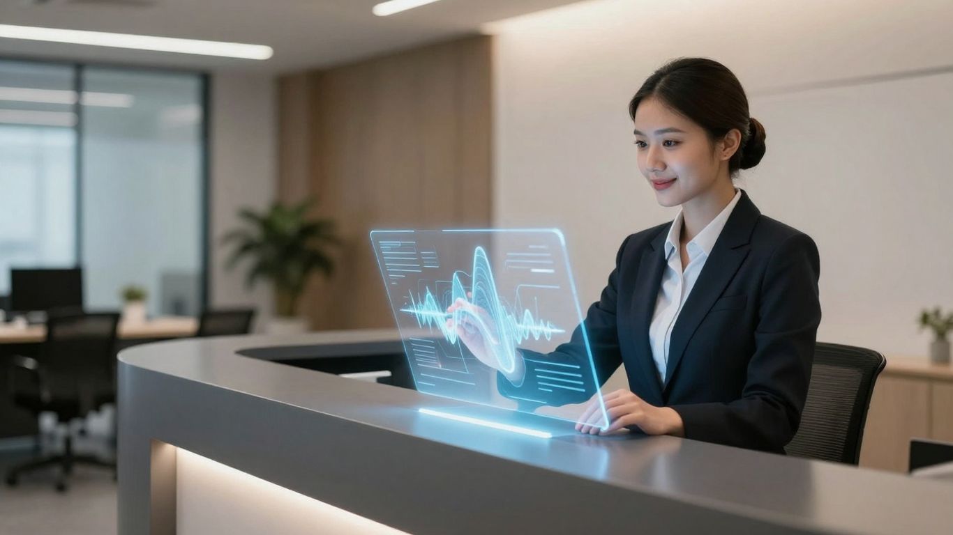 AI receptionist interacting with holographic business communication interface.