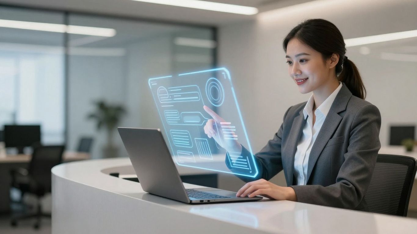 AI receptionist interacting with holographic interface in modern office.