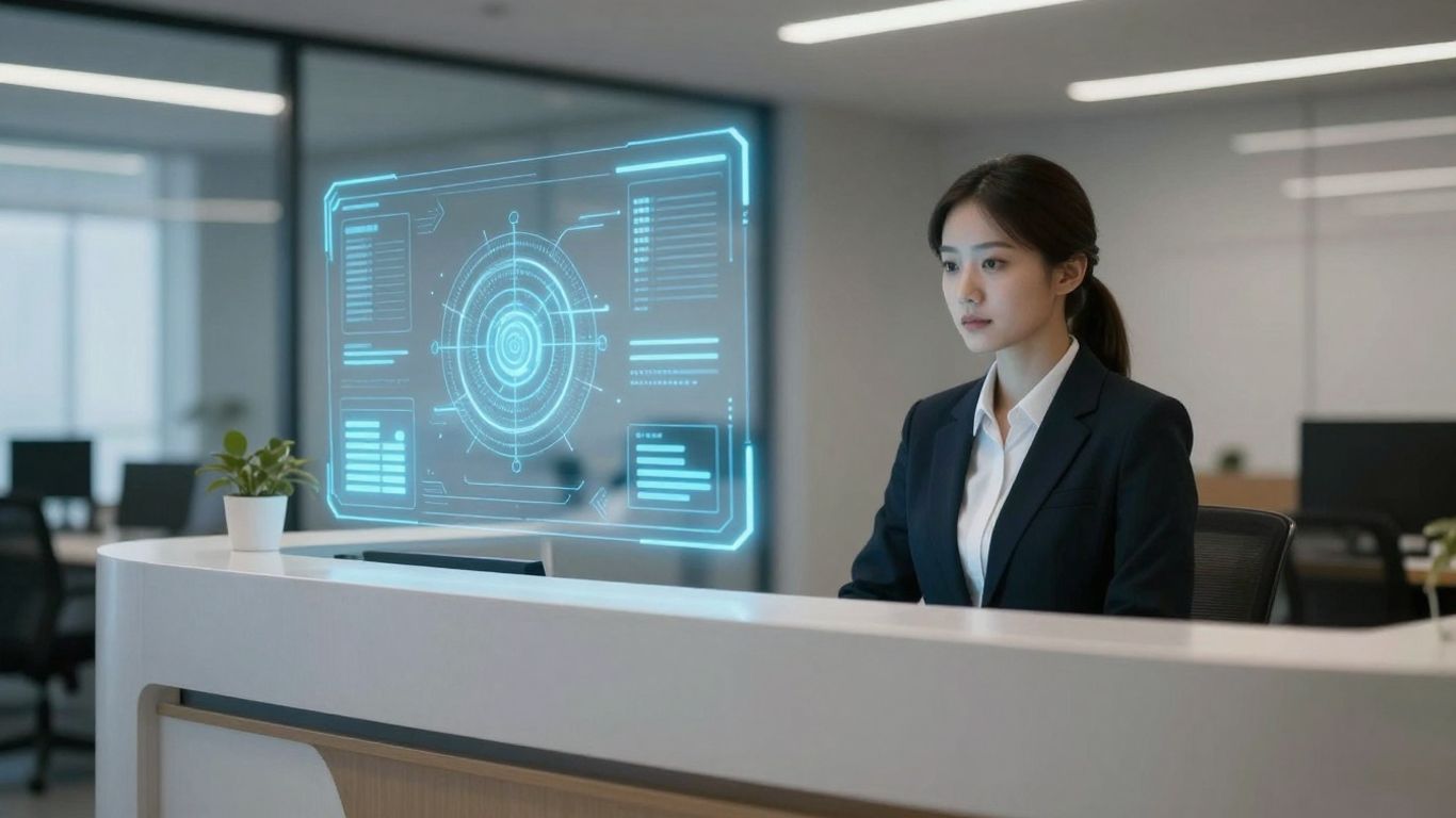 AI receptionist interface above a desk