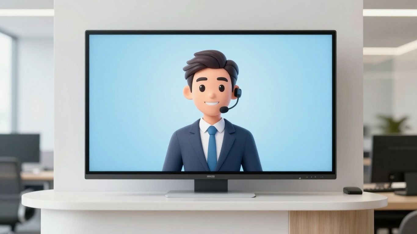 AI virtual receptionist avatar on a screen in an office.