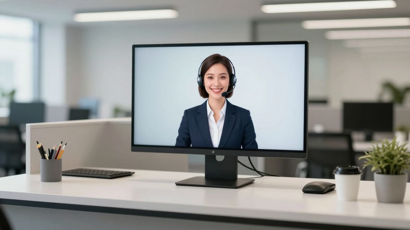 Virtual receptionist avatar on a screen in an office.