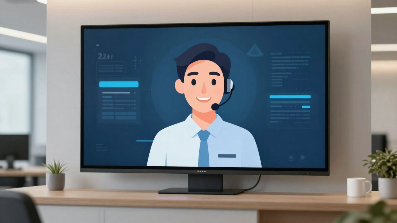 Virtual receptionist avatar on screen in modern office.