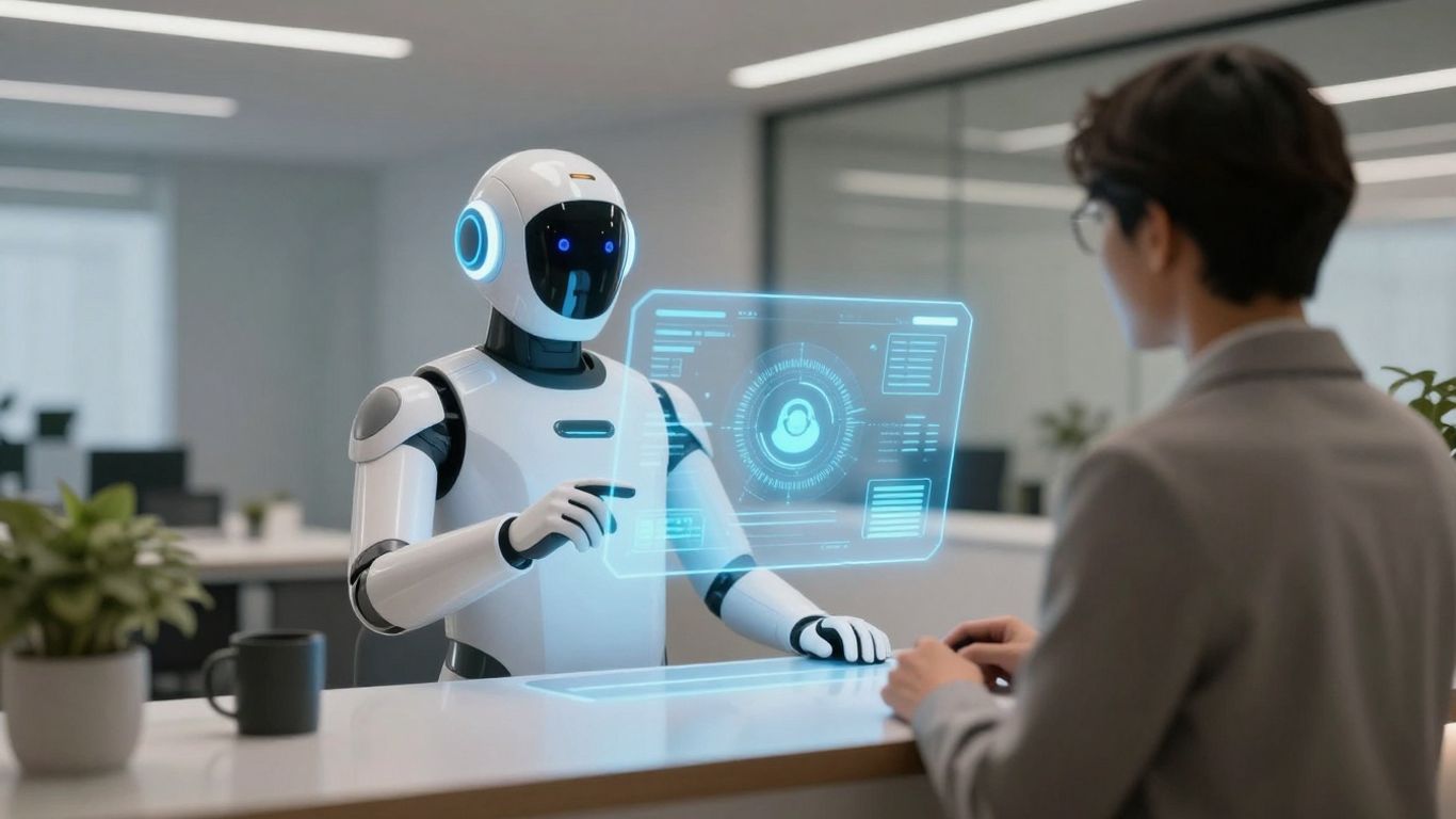 AI receptionist assisting a visitor in a modern office.
