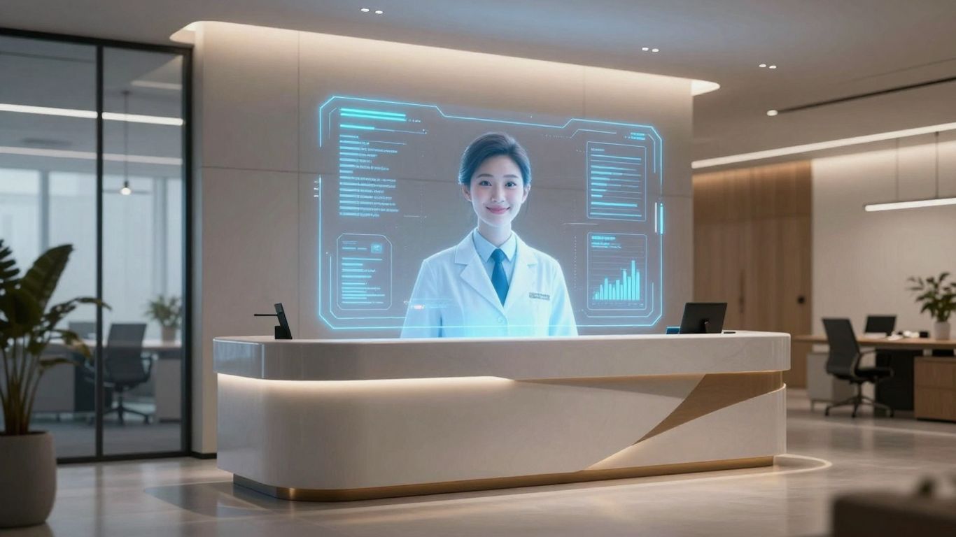 AI receptionist interface in a modern office.