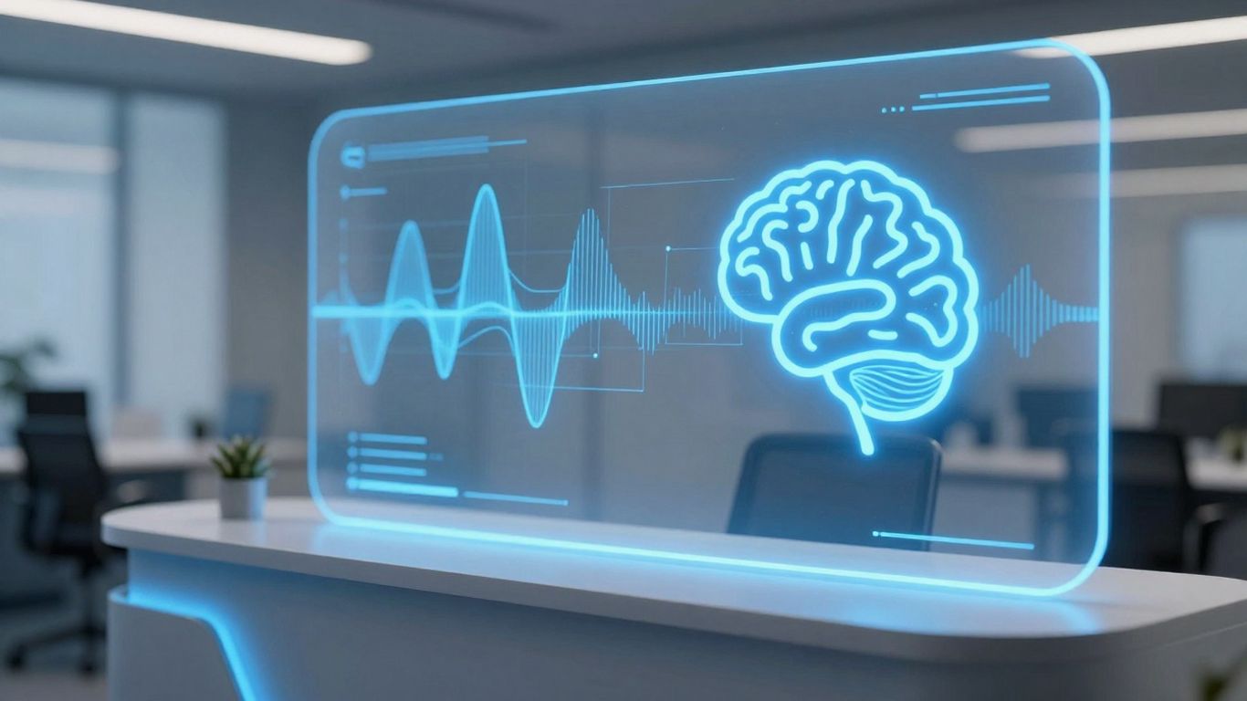 AI receptionist interface with glowing waveforms and brain icon.