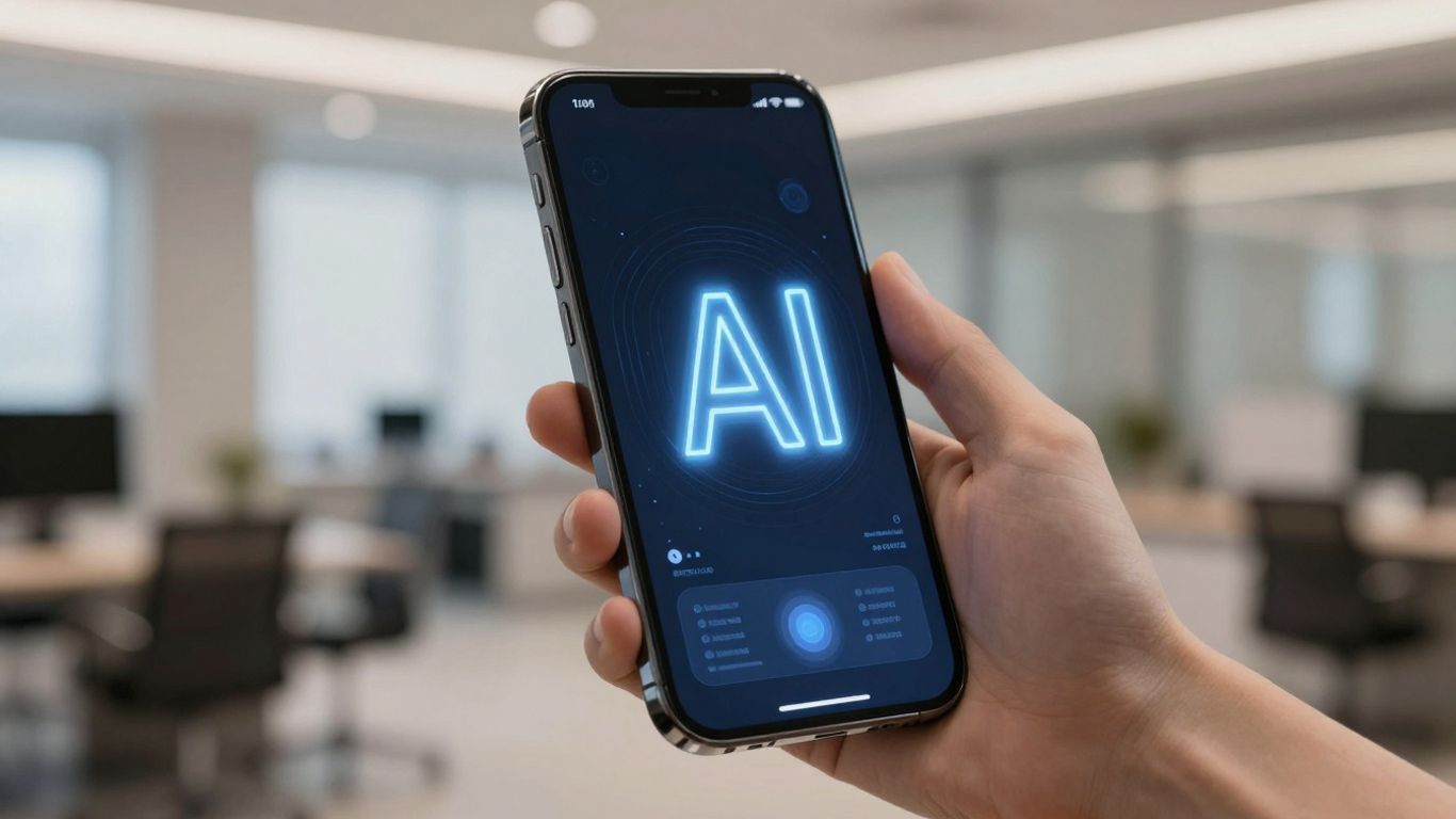 AI virtual receptionist on a smartphone screen.