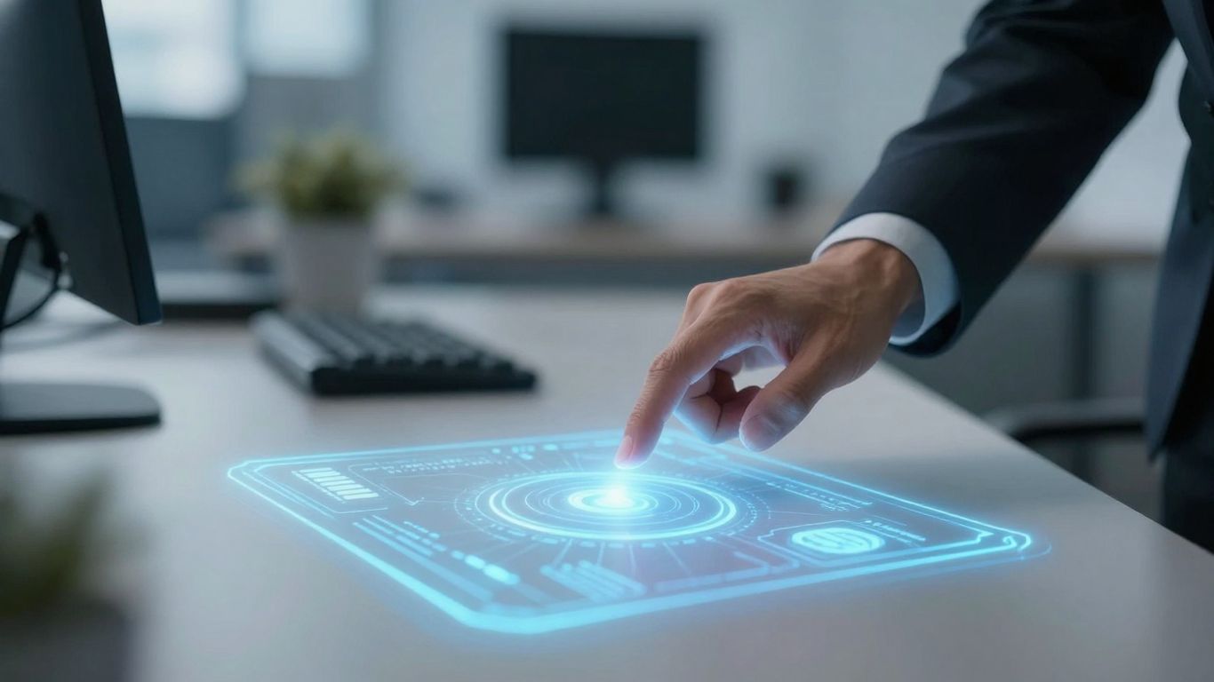 AI virtual receptionist interface interacting with office systems.